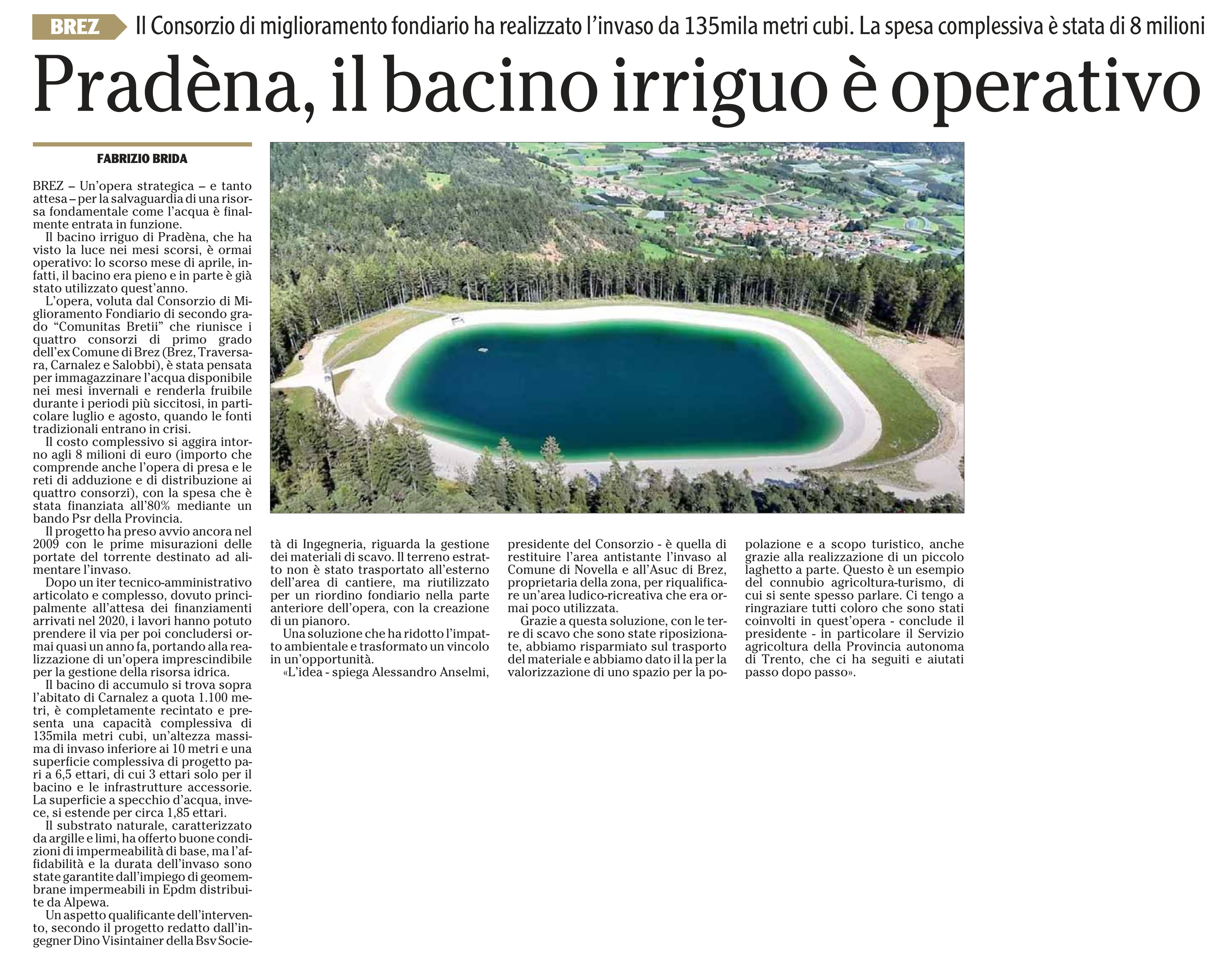 Dalla stampa: "Pradèna, il bacino irriguo è operativo".