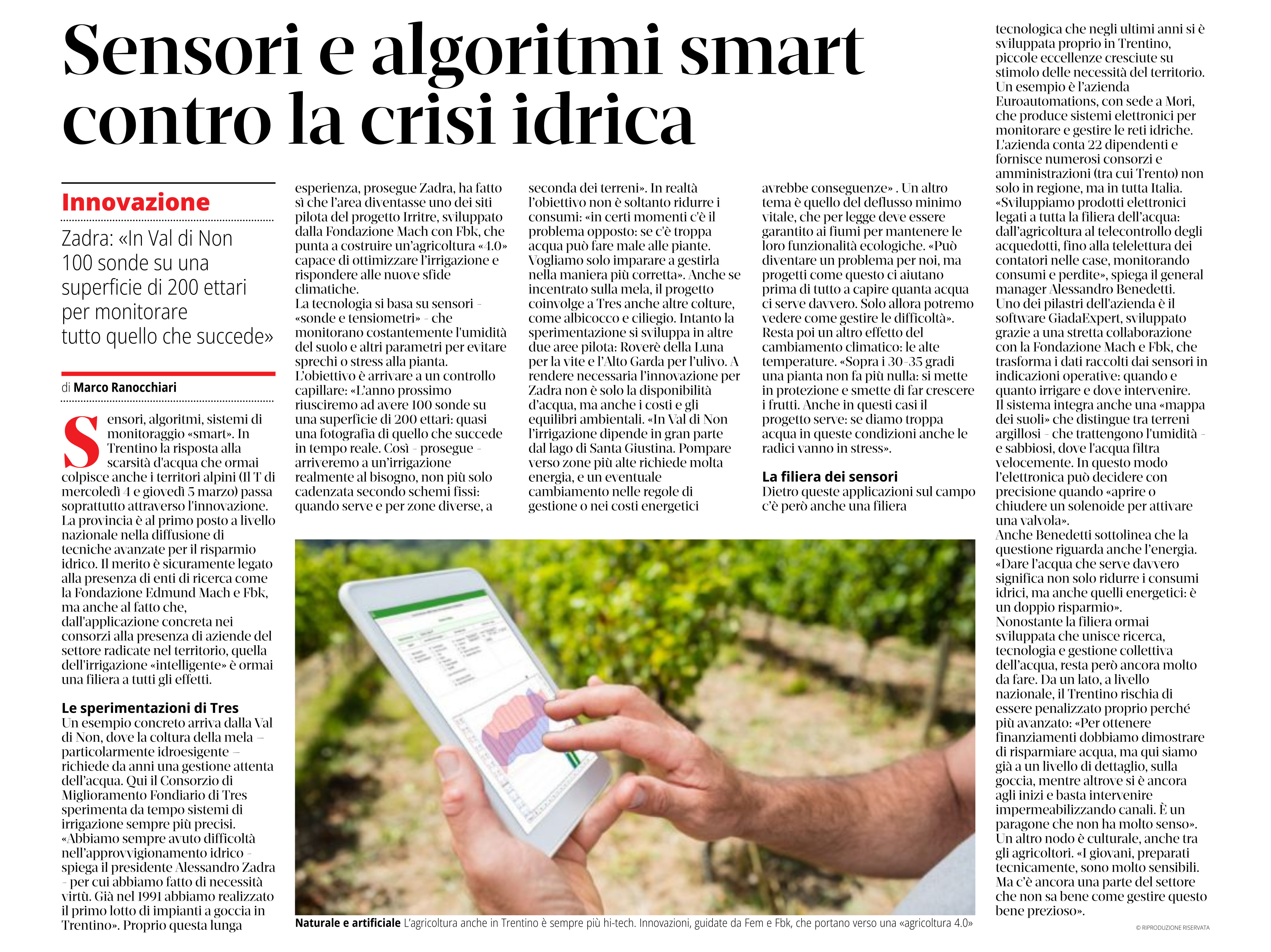 Dalla stampa: "Sensori e algoritmi smart contro la crisi idrica".