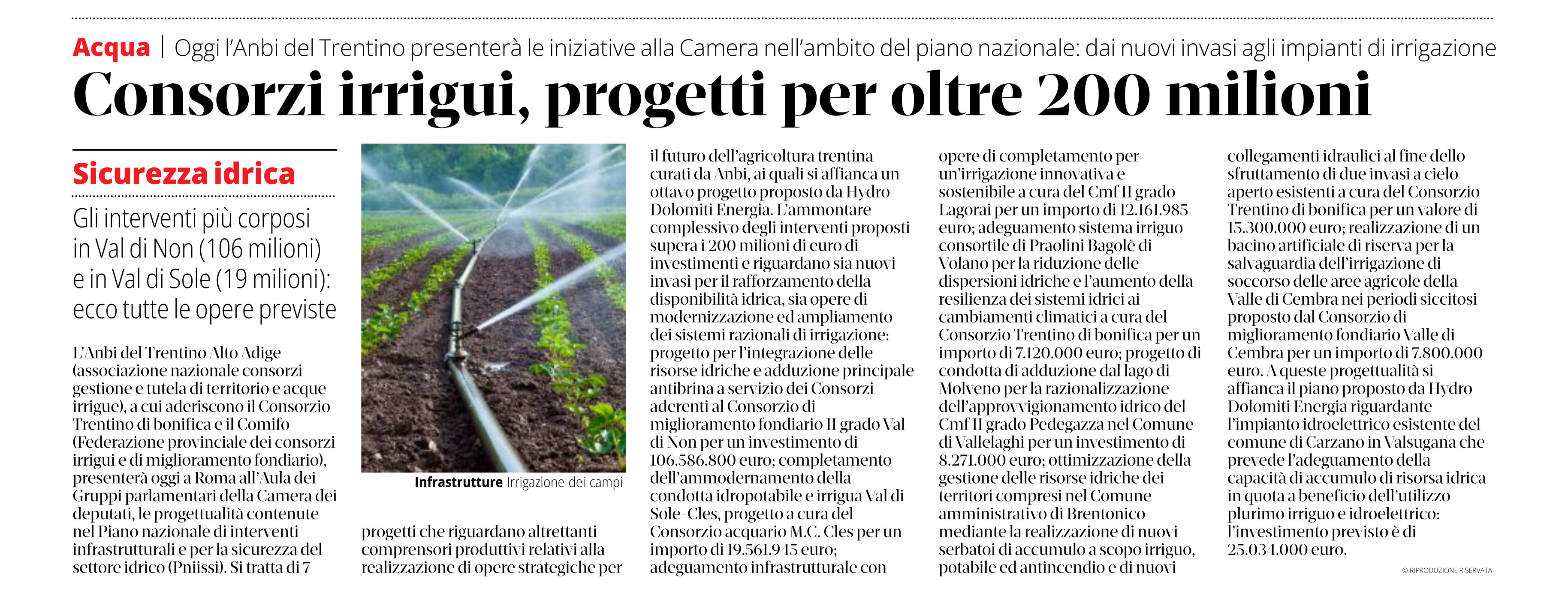 Dalla stampa: "Consorzi irrigui, progetti per oltre 200 milioni".