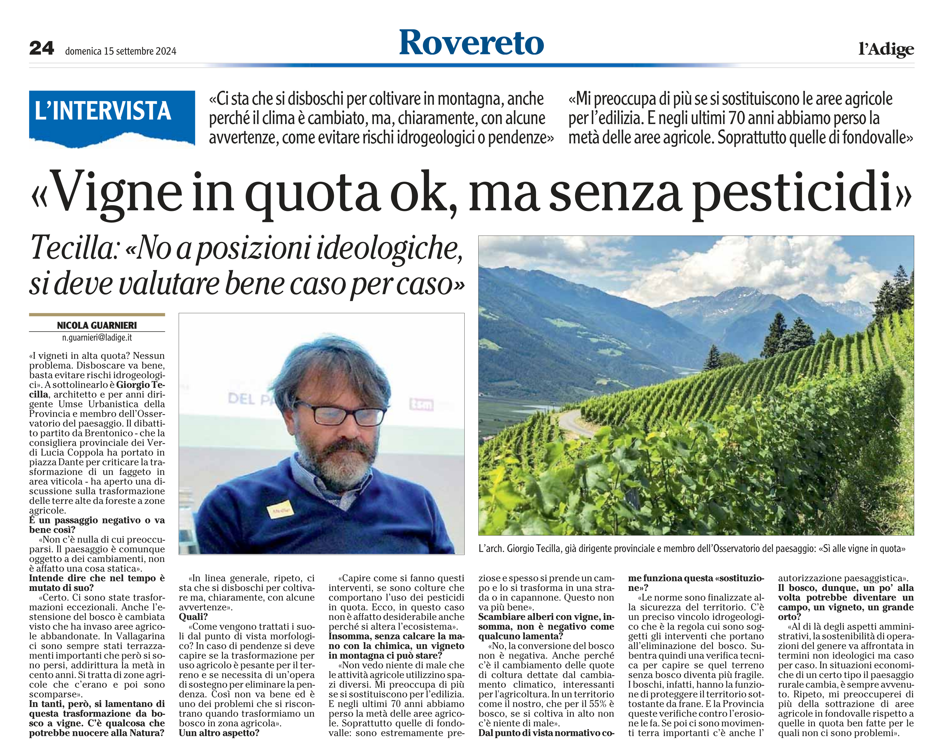 Dalla stampa: "Vigne in quota ok, ma senza pesticidi".