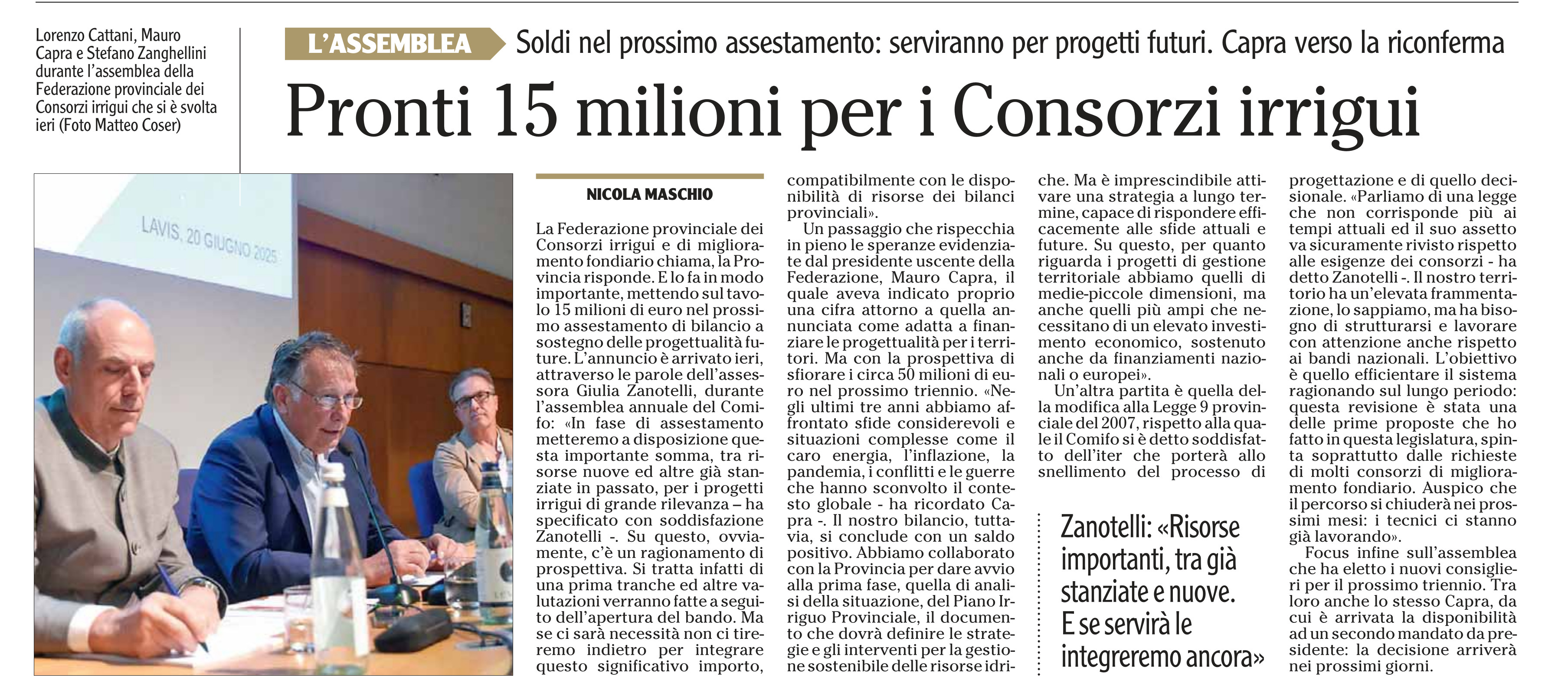 Dalla stampa: "Pronti 15 milioni per i Consorzi irrigui"